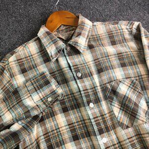 Vintage Sears Flannel Shirt Mens Medium Perma Prest 70s 80s Plaid Brown Blue